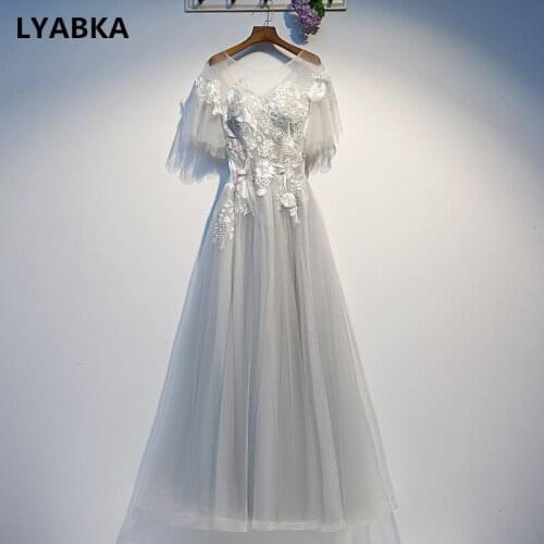 Scoop Neck Evening Dress Robe De Soiree High Quality 2020 Gray Tulle With Applique Evening Dresses Long Dress Vestido De Festa