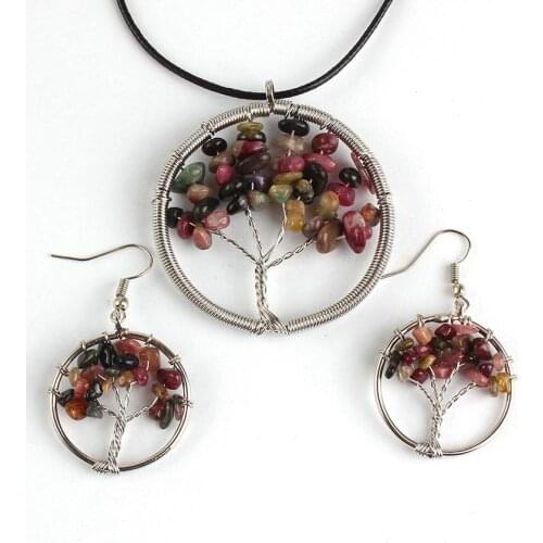 100-Uniqe 1 Set Silver Plated Tourmaline Stone Pendant with Rope Chain Necklace Earring Tree of Life Jewelry Set