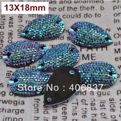 Free Shipping, 100pcs/Lot, 13*18mm Bling-star Metallic Green sew on teardrop stones flat back resin sew on rhinestones