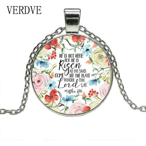 Hes not here for He is risen Bible Verse Necklace Matthew 28:6 Bible Qupte Floral Glass Cabochon Pendant Necklace Gifts