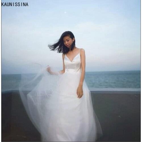 KAUNISSINA Simple Beach Wedding Dress Women V-Neck Spaghetti Straps Sleeveless Mid-Calf White Cheap Wedding Gowns for Bride
