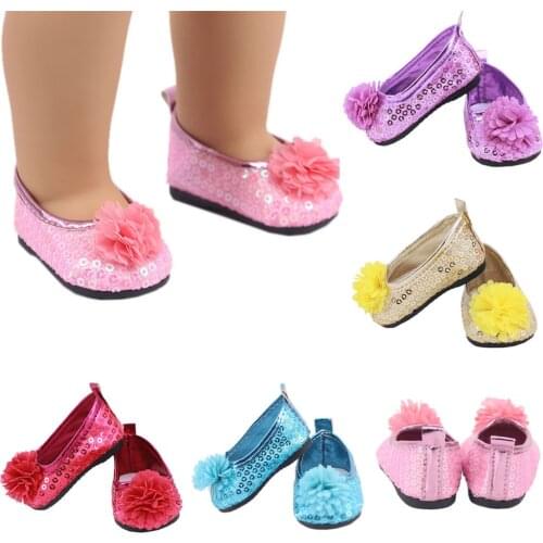 Doll Shoes 7Cm Sequin Shoes For 18inch Girl Dolls Handmade Pink Red Blue Purple Shoes with Flower For 43Cm Baby Doll Accessories