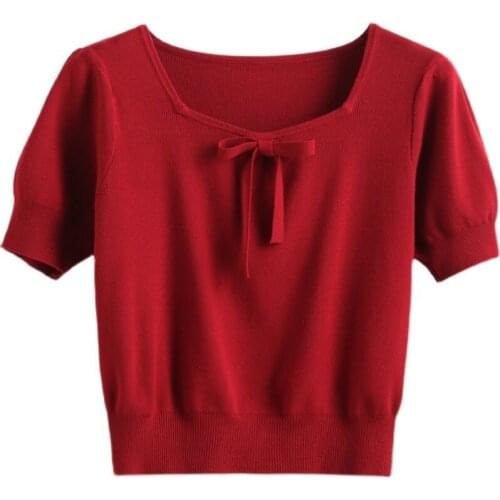 Square Collar Short Puff Sleeve Sweet Style Sweater Lace Up Women Girl Summer Thin T-Shirt Short Sweater Korean Harajuku Elegant