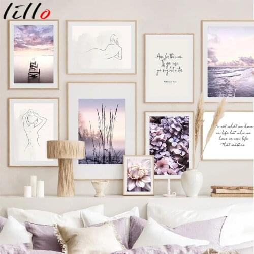 Sea purple beach reed pink peony seagull wall canvas art painting nordic posters and prints wall pictures for living room decor