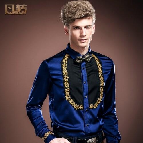 Fanzhuan Free Shipping New fashion casual male mens personality original design embroidery long sleeved shirt 14249 blue 4XL5XL