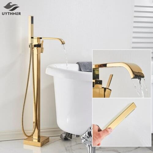 Uythner Floor Mounted Bathtub Faucet Set Gold Bath Tub Faucet Hot and Cold Water Shower Bathtub Mixer Tap Waterfall Floor Stand