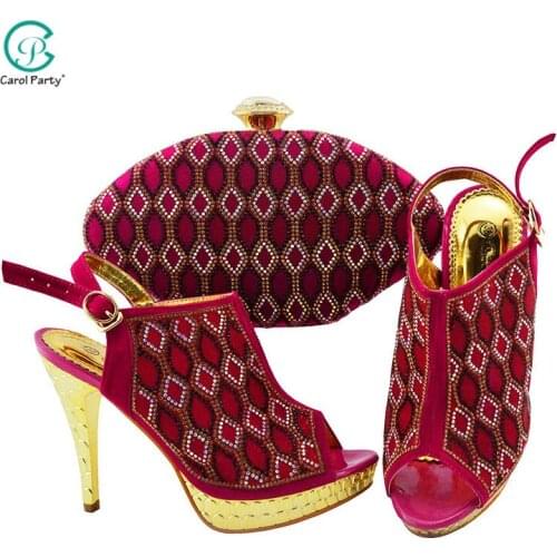 New Fashion Italian design Shoes With Matching Bag African High Heel Women Shoes and Bags Set For Prom Party Magenta color shoes
