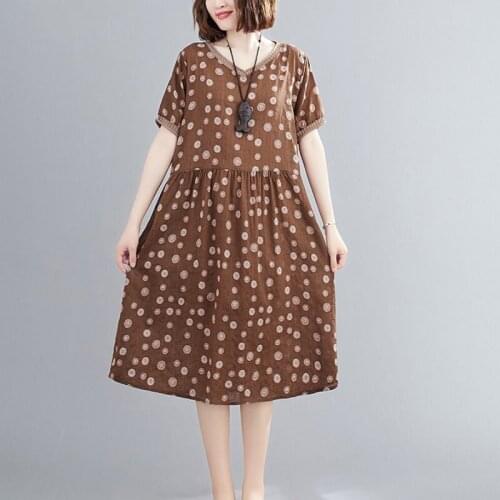 New Cotton and Linen Dress Summer Womens Polka Dot Print Short Sleeve Fashion Dress Ladies Casual Beach Wear Plus Size aq418