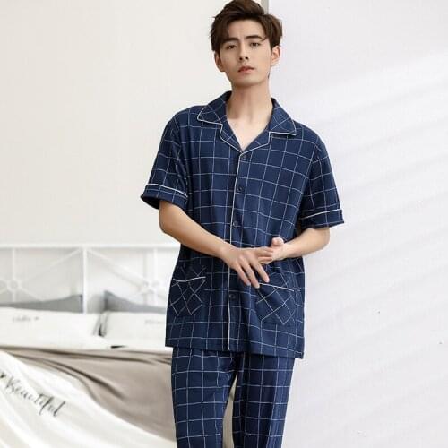 Men summer men cotton pajamas short sleeve trousers cardigan casual plaid pajamas two piece loose pajama sets men sleepwear