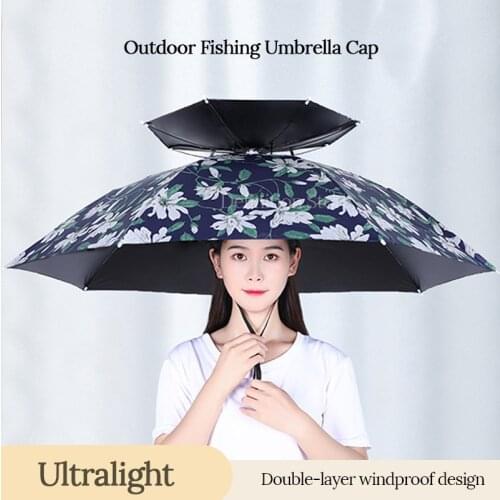 Portable Rain Umbrella Hat Foldable Double-Layer Headwear Waterproof Tackle Outdoor Sun Shade Hiking Beach Cap Fishing Pesca Hat