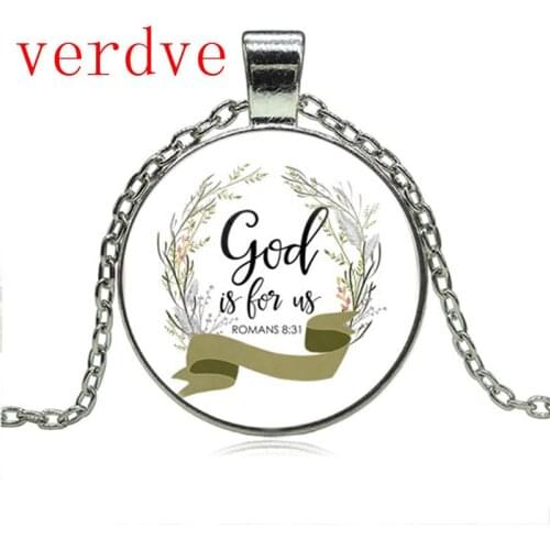 Romans 8 31 God is for us Bible Verse Necklace Glass Tile Charm Inspirational Fashion Jewelry Women Men Christian Gifts