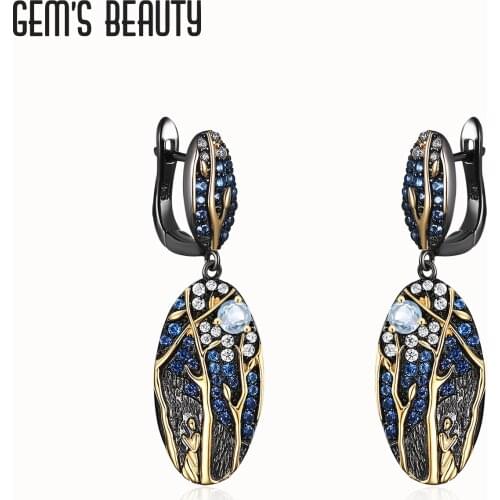Gems Beauty 925 Sterling Silver Dangle Drop Earrings 2021 Jewelry Blue Topaz Handmade Original Black Moon Earrings For Women