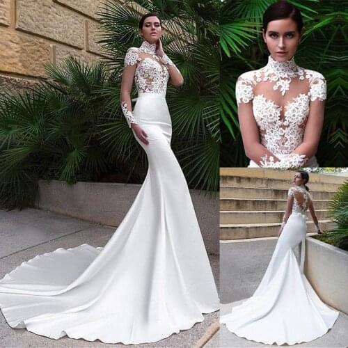 New Style Wedding dresses Stretch Fabric Skin Tone Mesh High Neck Long Sleeve Design Slim Bridal Dress Size Custom Robe DeMariée