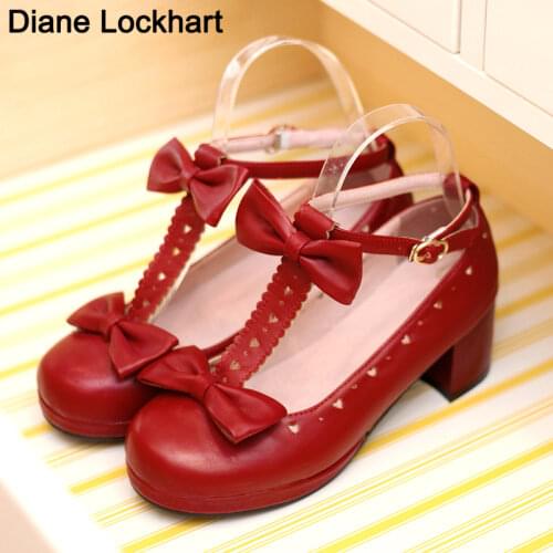 Sweet Bow Buckle Strap Mary Jane Shoes Woman Student Low Heels Girl Round Toe Pumps Women Purple Lolita Shoes Ladies 32 33 42