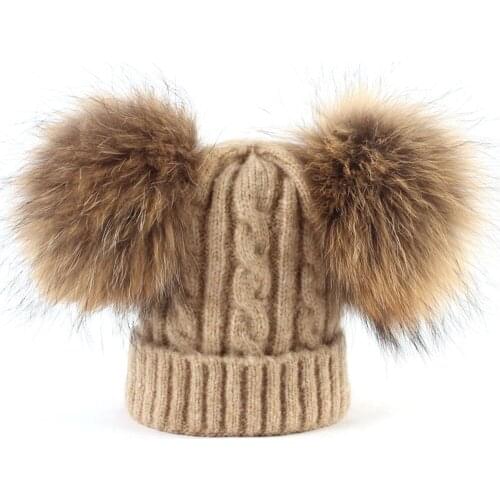 Autumn and Winter Kids Knitted Baby Girls and Boys Beanie Hat with Double Real Pompoms Boys and Girls Cashmere Slouchy Hats
