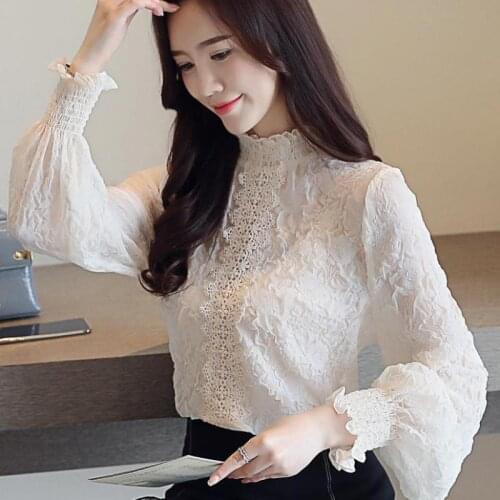 Spring Fall Ladies Women Lantern Full Sleeve Ruffles Mandarin Collar Lace Patchwork Chiffon Blouse , Woman Floral Xxl Blouses