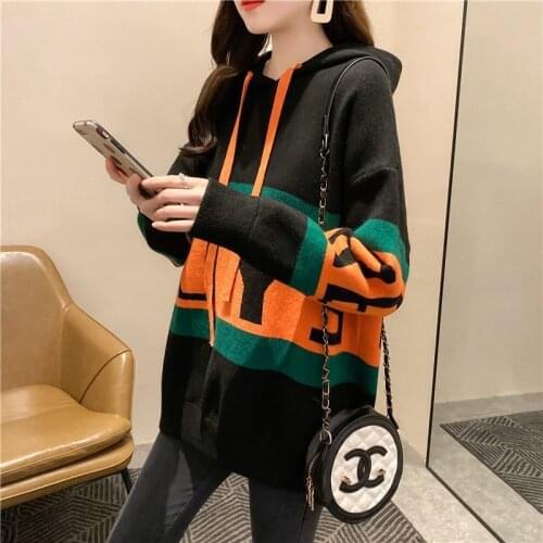 Letter Knitting Hooded Wearshirt Women 2020 New Autumn and Winter Korean Version Of the baggy long sweatershirt hoodies Warm