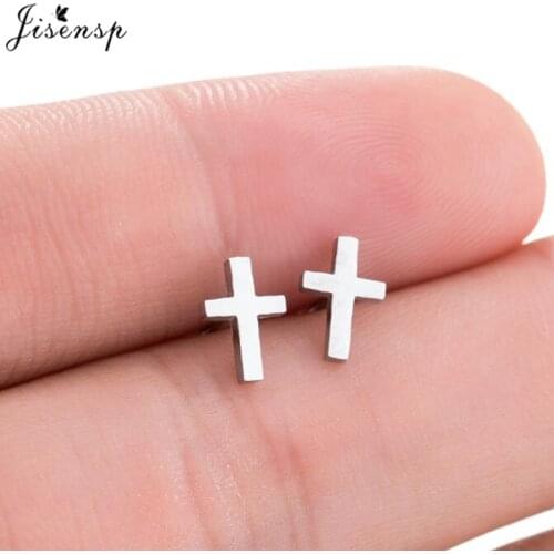 Jisensp Women Stainless Steel Cross Stud Earrings for Girls Fashion Studs Earrings Jewelry Earrings Tiny Simple Jesus Oorbellen