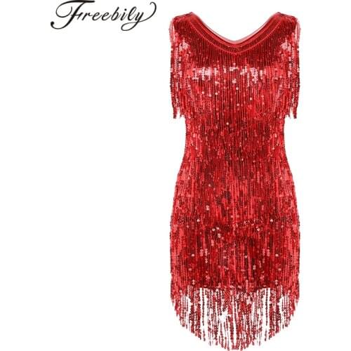 Women Ladies V Neck Sleeveless Sparkling Sequin Tassels Fringe Ballroom Samba Tango Stage Latin Dance Dress Rave Costume