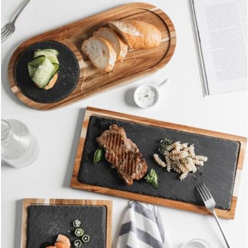 1pc Solid Wood Tray Western Food Japanese Style Solid Wood Black Slate Plate Snack Food Tray Kitchen Tableware