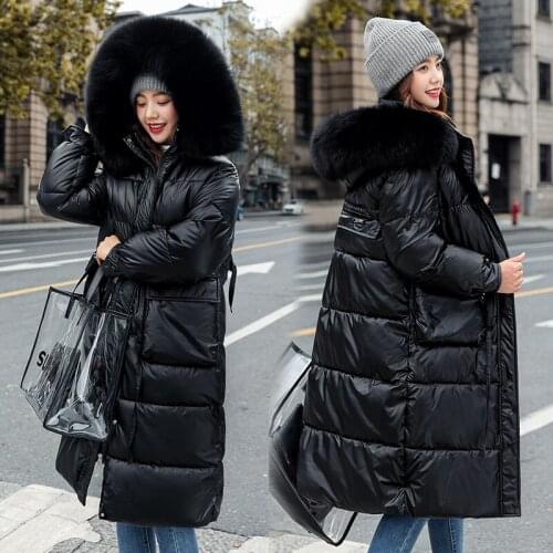 2021 Hooded Parkas Womens Thicken Down Cotton Coat Female Long Fur Collar Winter Jacket For Women Glossy Shinny Parkas