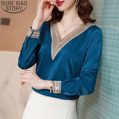 2021 Long Sleeve Casual V Neck Plus Size Shirts Women Blouses and Tops Fashion Silk Satin Blouse Patchwork Clothing Blusas 15865