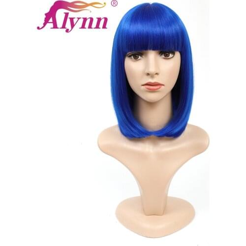Alynn Straight Short Blue Wig Synthetic Colored Bob Wig With Bangs Heat Resistant Natural Hairline Cosplay Party Wigs For Women