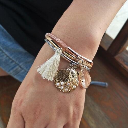 Womens Magnet Buckle Bracelet Bangle Female Pearl Shell Tassel Charm Bracelets Hand Jewelry Gift Dropshipping 2020