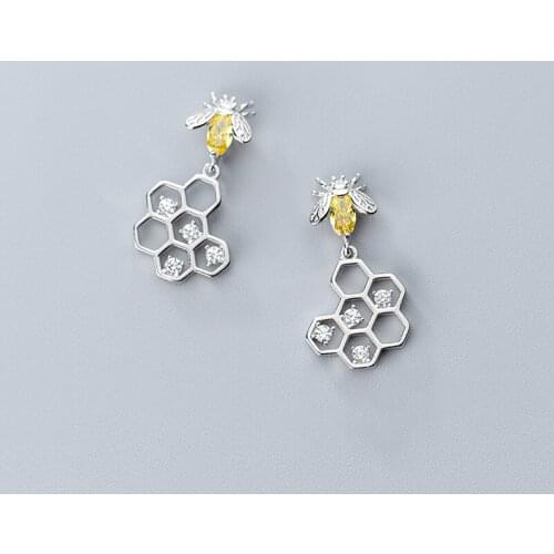 BUDROVKY Cute Bee And Honeycomb Stud Earrings for Women Real 925 Sterling Silver Insect Zircon Jewelry for Girl 2020