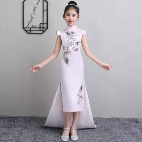 Children Princess Dress Girl Chinese Evening Dresses Long Qipao Pink Cheongsam Kids Clothes Oriental Style Dresses Customized