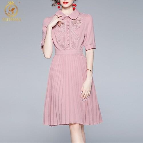 Elegant Pink Lace Patchwork Summer Dress Female Lapel Puff Short Sleeve High Waist Slim Knee-Length Dresses For Women Clothes