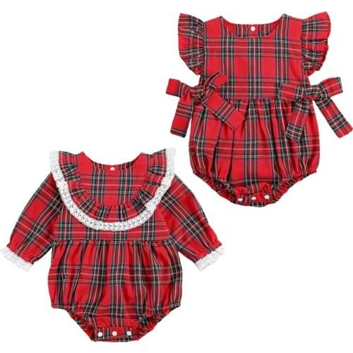 Xmas Newborn Baby Girls Bodysuits Toddler One-piece Outfits Long Sleeve Plaid Print Ruffles Sleeve Jumpsuit Party Outfits 0-24M