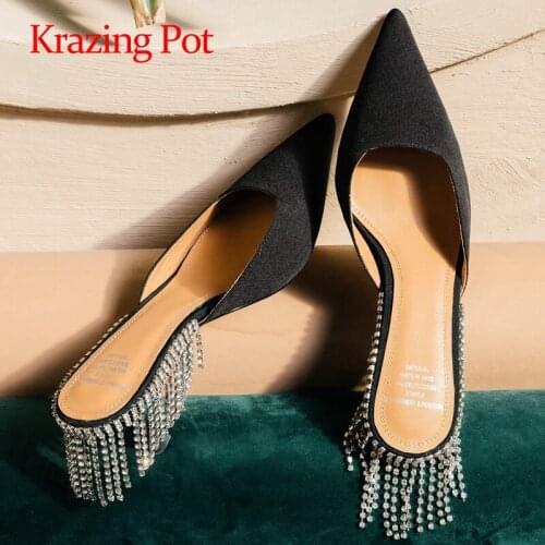Krazing pot new pointed toe shallow thin high heels sexy diamond young lady high street fashion shiny slip on sandals women L21