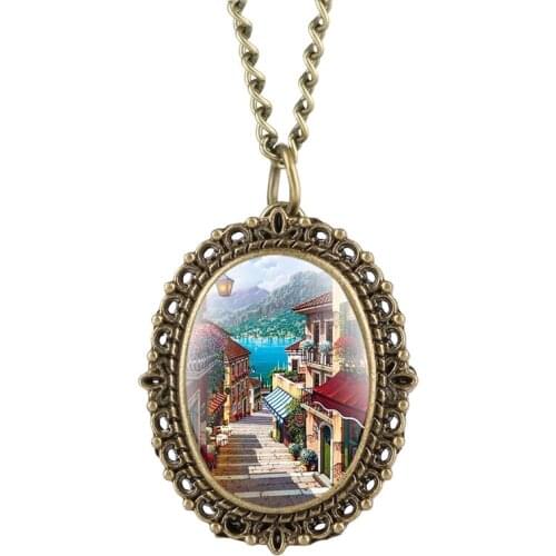 Beautiful Flower Town Scene Pattern Quartz Pocket Watch Retro Fashion Necklace Pendant Clock Hour as Sweater Chain Jewelry Watch