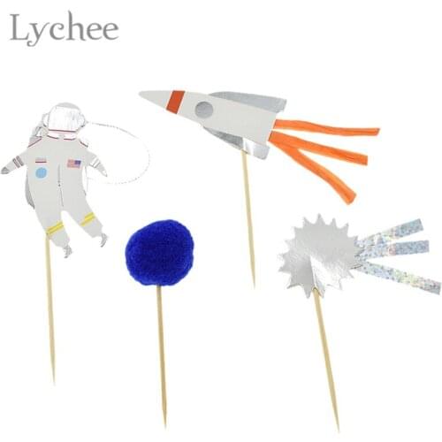 Lychee Life 24pcs Space Exploration Astronaut Cake Toppers Happy Birthday Cupcake Topper Wedding Party Cake Decoration