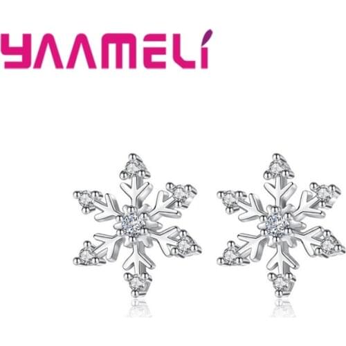 Cute Clear Stone Snow Flower Shaped Stud Earrings 925 Sterling Silver Cubic Zirconia for Women Christmas Party Gifts