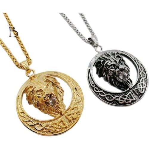 Black Knight 316L stainless steel lion pendant necklace fashion embossed cirle lion necklace with cz stone BLKN0576