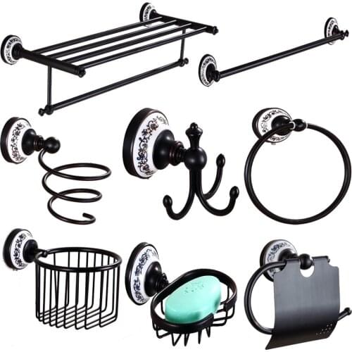 Brass Bathroom Accessories Set Black Polished Robe Hooks Toilet Brush Blowing Rack Towel Ring Towel Pole Tissue Holder