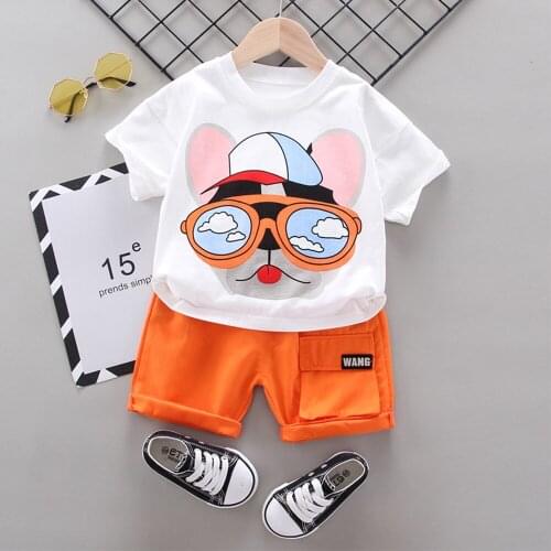New Hot Baby Boy Summer Suit Childrens Fashion Style Cartoon Cute Glasses Fox Pattern Short Sleeve+Shorts 2pcs Set Age 5M-5Y