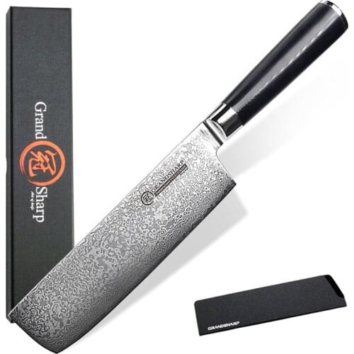 GRANDSHARP Damascus Cleaver Knife Nakiri 7'' Japanese Stainless Steel vg10 Kitchen Chef Slicing Fruit Vegetable Knife G10 Handle