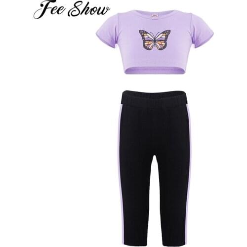 Toddler Girls Clothes Sets Fashion Butterfly Sport Crop Top with Trousers Outfits Ballet Dance Workout Set Baby Tracksuit
