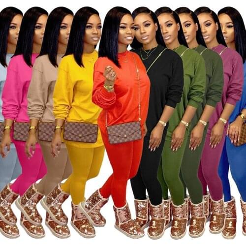 Plain Color Fall Basic Womens Set 2 Two Piece Set Sweatshirt Jogger Pants Suit Tracksuit Matching Set Casual Leggings Outfit