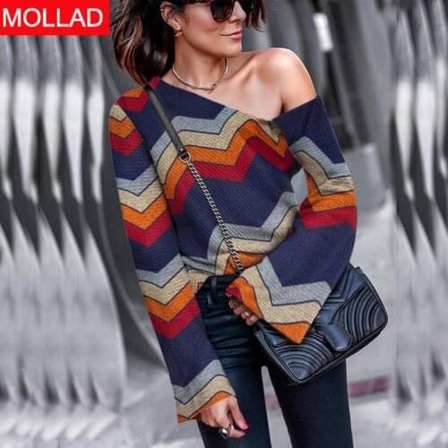 Spring and Autumn Womens Off Shoulder Color Print Sweater Thin Pullover Tops