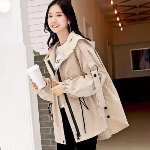 Workwear Windbreaker Womens Mid-Length Jacket 2021 New Student Hong Kong Style Loose Hooded Lace-Up Small Female Coat L41