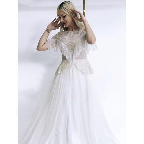 Luxury Dubai A-Line Evening Dress for Women 2021 Tulle Beading Tassel Handmade Half Sleeve Arabic Elegant Formal Party Occasion