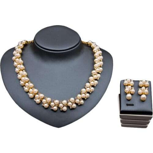 3 Row Simulated Pearl Jewelry Set Inlay Rhinestone Women Gorgeous Bridal Jewelry Gold Color Necklace Stud Earring Wholesale
