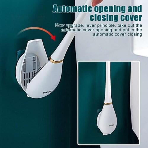 Silicone Toilet Brush With Holder Set Wall-mounted Long Handled Toilet Cleaning Brush Bathroom Accessories Flat Brush for Toilet