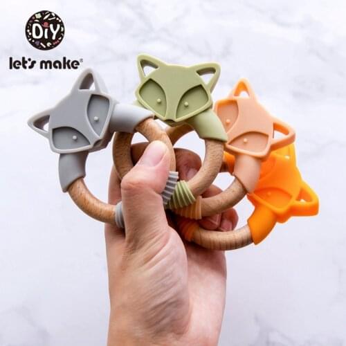 LetS Make Silicone Wooden Teether Fox Beech Wooden Teething Ring 60mm Cute Baby Rattles Teething Toy For Baby Nursing Pendant