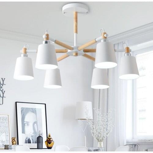 Modern Solid Wood 3/6/8 Heads Nordic Creative LED Pendant Light White Black Color E27 Holder Ceiling Lamp Room Decoration