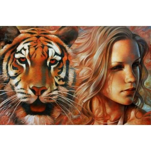 Modern handmade painting beautiful girl and tiger on oil canvas for living room decor and wallpaper